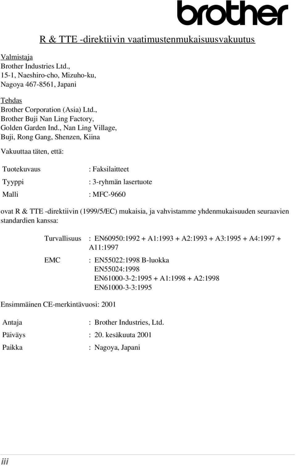 , Nan Ling Village, Buji, Rong Gang, Shenzen, Kiina Vakuuttaa täten, että: Tuotekuvaus Tyyppi Malli : Faksilaitteet : 3-ryhmän lasertuote : MFC-9660 ovat R & TTE -direktiivin (1999/5/EC) mukaisia,