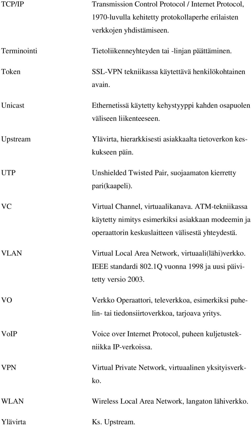 Ylävirta, hierarkkisesti asiakkaalta tietoverkon keskukseen päin. Unshielded Twisted Pair, suojaamaton kierretty pari(kaapeli). Virtual Channel, virtuaalikanava.