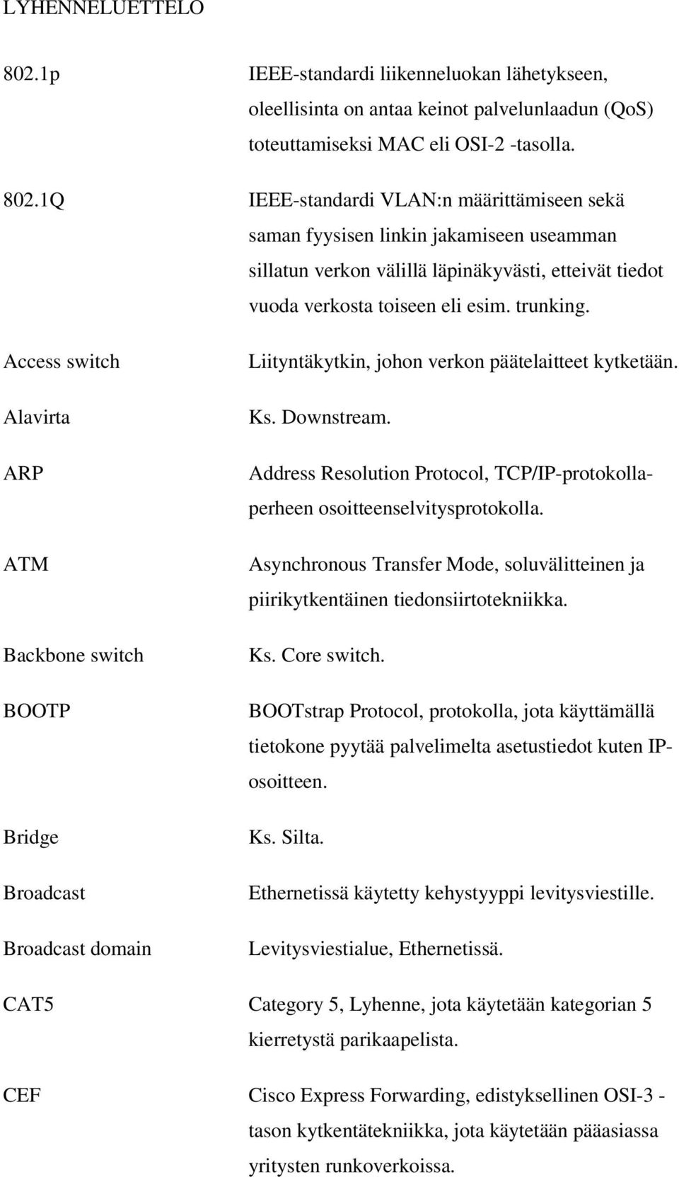 Address Resolution Protocol, TCP/IP-protokollaperheen osoitteenselvitysprotokolla. Asynchronous Transfer Mode, soluvälitteinen ja piirikytkentäinen tiedonsiirtotekniikka. Ks. Core switch.