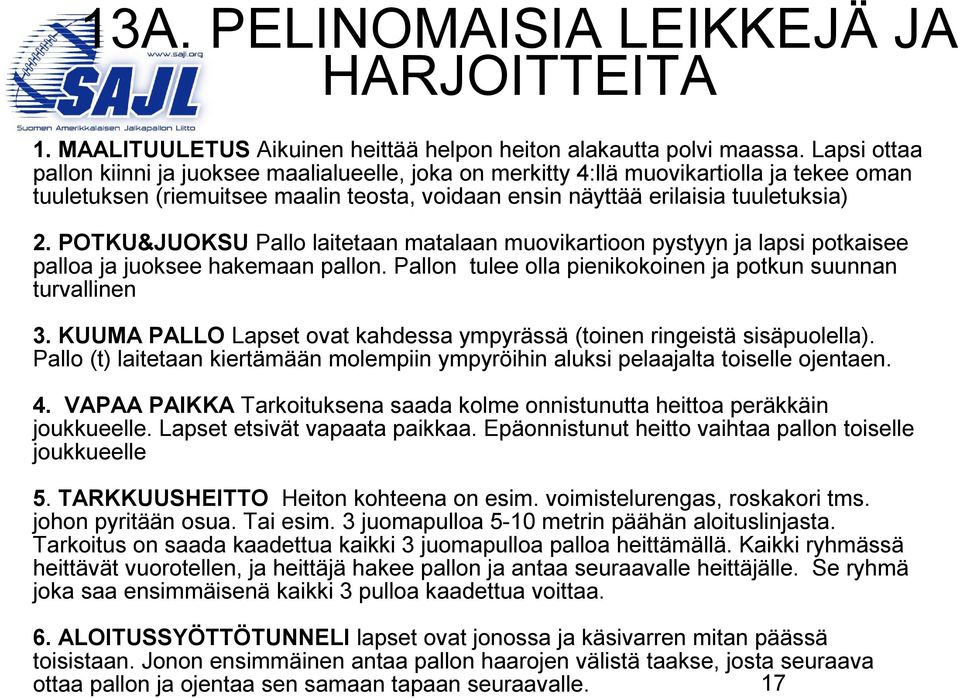 POTKU&JUOKSU Pallo laitetaan matalaan muovikartioon pystyyn ja lapsi potkaisee palloa ja juoksee hakemaan pallon. Pallon tulee olla pienikokoinen ja potkun suunnan turvallinen 3.