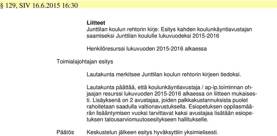 2015-2016 alkaessa Lautakunta merkitsee Junttilan koulun rehtorin kirjeen tiedoksi. Lautakunta päättää, että koulunkäyntiavustaja / ap-ip.
