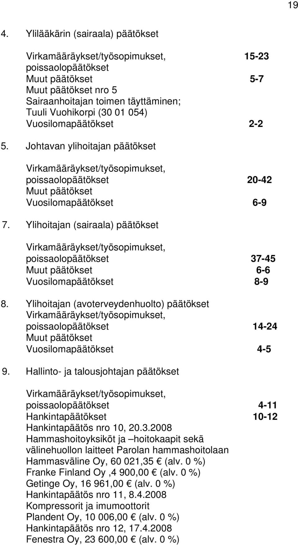 Ylihoitajan (sairaala) päätökset Virkamääräykset/työsopimukset, poissaolopäätökset 37-45 Muut päätökset 6-6 Vuosilomapäätökset 8-9 8.
