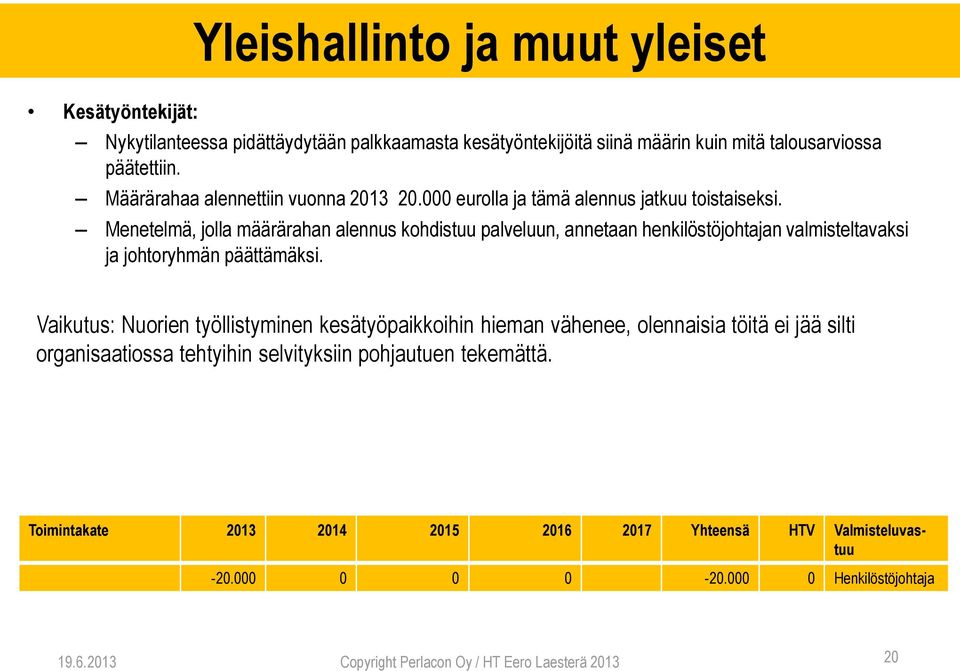 Menetelmä, jolla määrärahan alennus kohdistuu palveluun, annetaan henkilöstöjohtajan valmisteltavaksi ja johtoryhmän päättämäksi.