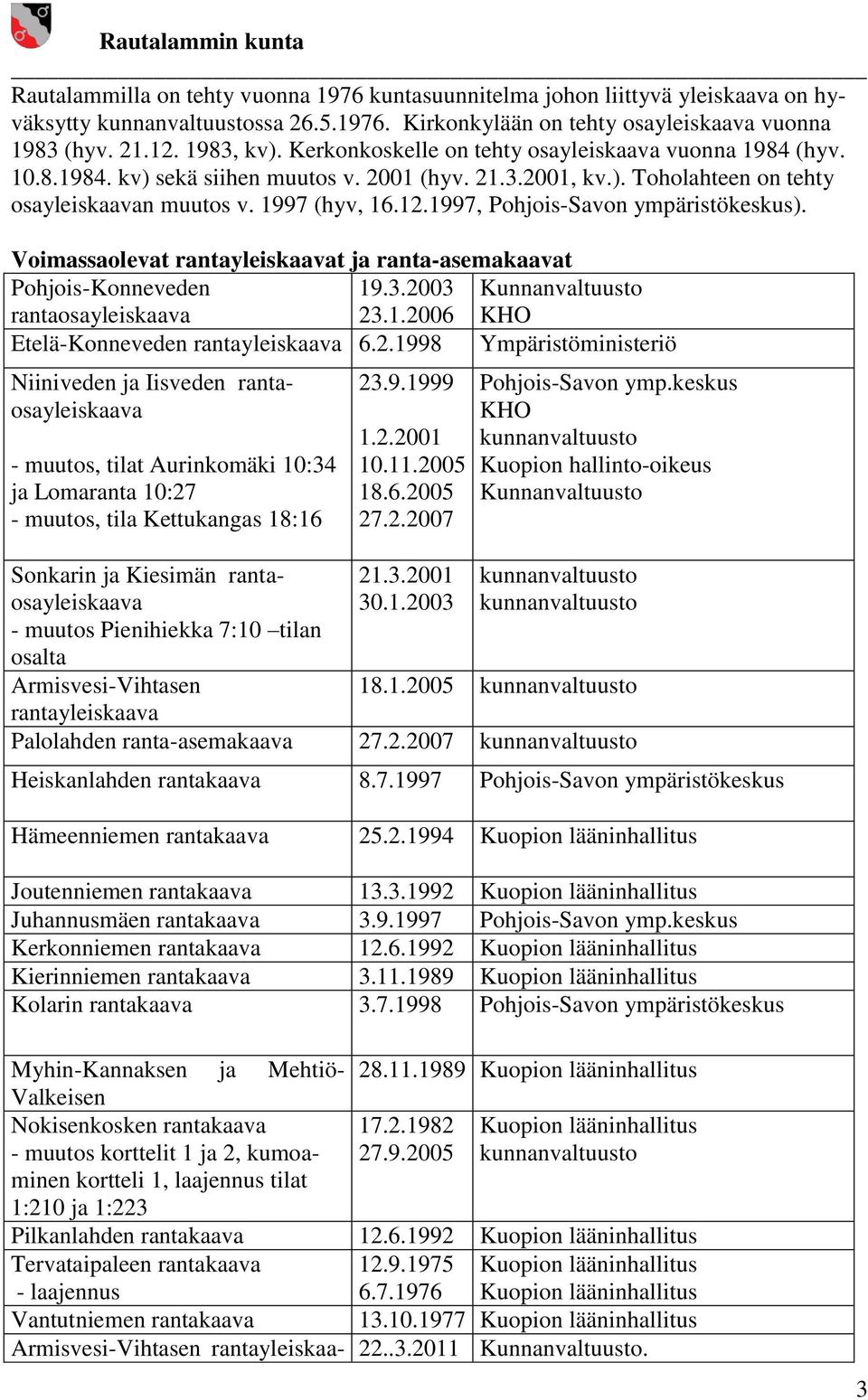 1997, Pohjois-Savon ympäristökeskus). Voimassaolevat rantayleiskaavat ja ranta-asemakaavat Pohjois-Konneveden rantaosayleiskaava 19.3.2003 23.1.2006 Kunnanvaltuusto KHO Etelä-Konneveden rantayleiskaava 6.