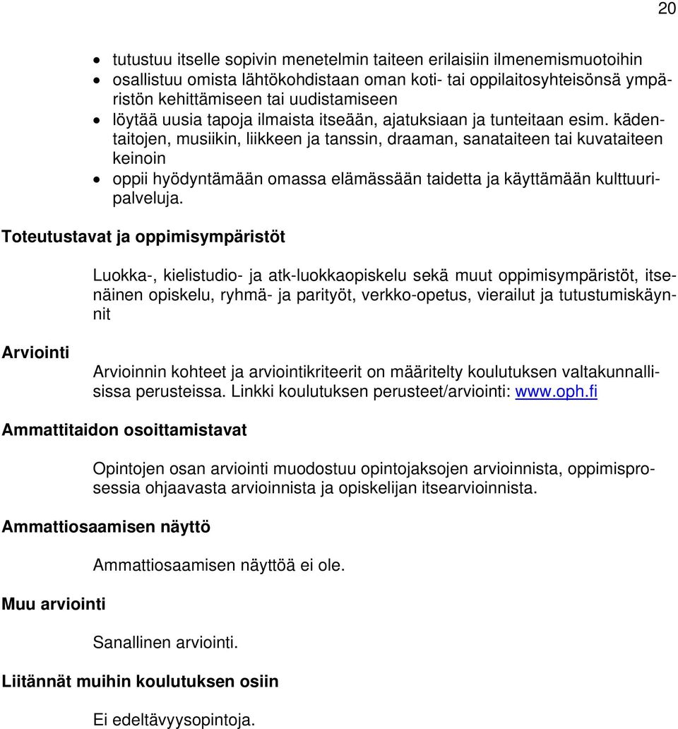 kädentaitojen, musiikin, liikkeen ja tanssin, draaman, sanataiteen tai kuvataiteen keinoin oppii hyödyntämään omassa elämässään taidetta ja käyttämään kulttuuripalveluja.