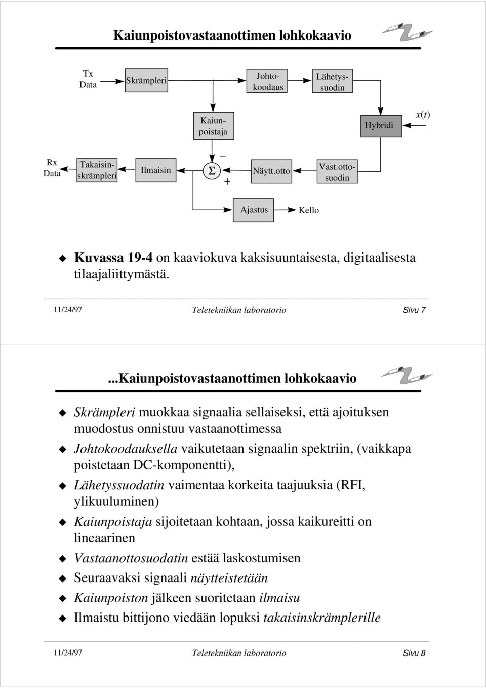 ..Kaiunpoistovastaanottimen lohkokaavio Skrämpleri muokkaa signaalia sellaiseksi, että ajoituksen muodostus onnistuu vastaanottimessa Johtokoodauksella vaikutetaan signaalin spektriin, (vaikkapa