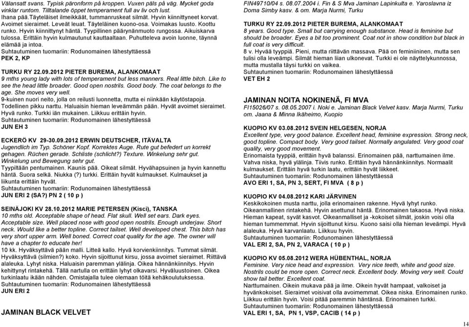 Erittäin hyvin kulmautunut kauttaaltaan. Puhutteleva avoin luonne, täynnä elämää ja intoa. PEK 2, KP TURKU RY 22.09.