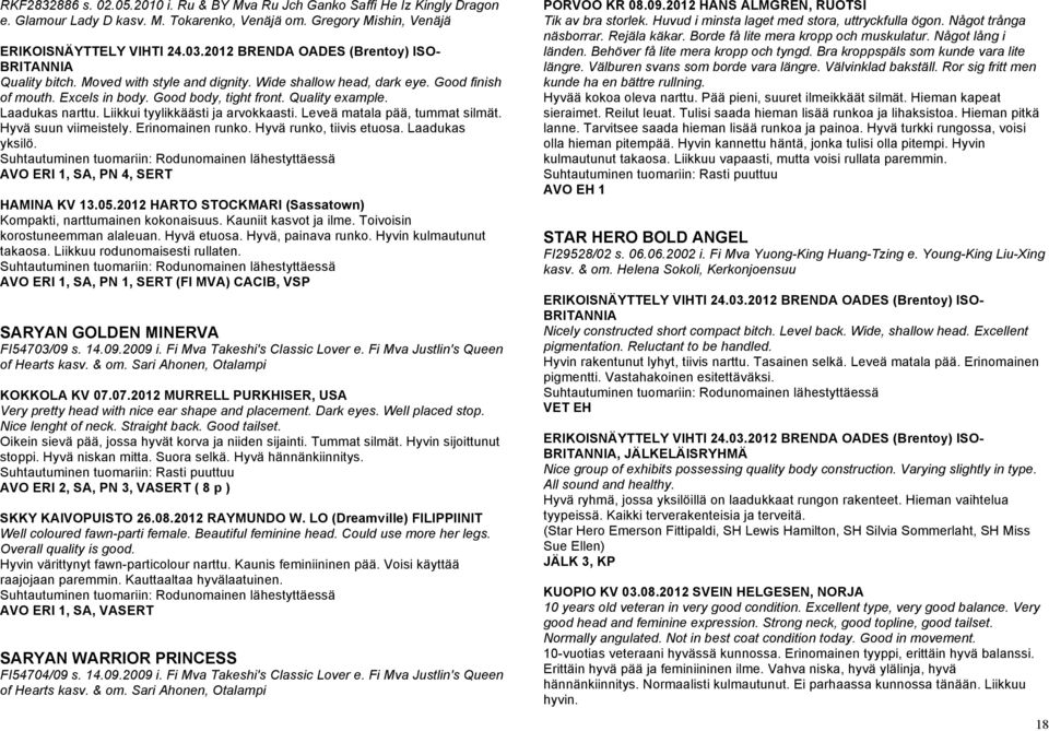 Hyvä suun viimeistely. Erinomainen runko. Hyvä runko, tiivis etuosa. Laadukas yksilö. AVO ERI 1, SA, PN 4, SERT HAMINA KV 13.05.2012 HARTO STOCKMARI (Sassatown) Kompakti, narttumainen kokonaisuus.