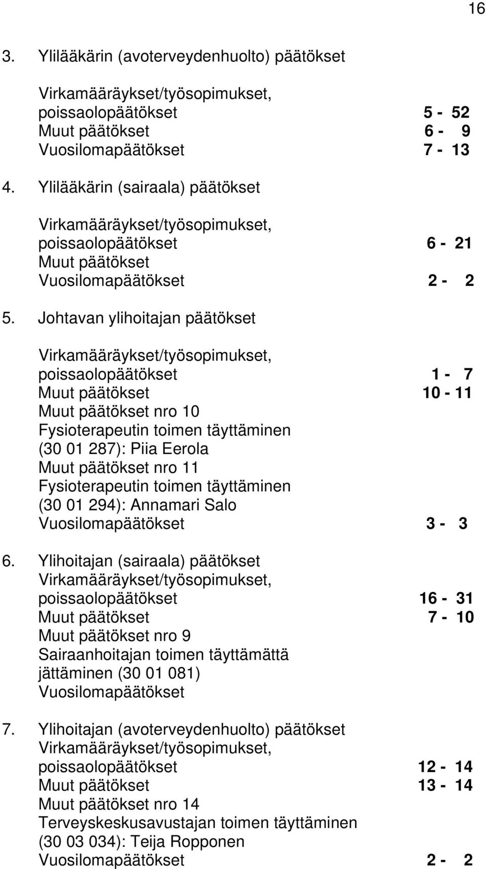 Johtavan ylihoitajan päätökset Virkamääräykset/työsopimukset, poissaolopäätökset 1-7 Muut päätökset 10-11 Muut päätökset nro 10 Fysioterapeutin toimen täyttäminen (30 01 287): Piia Eerola Muut