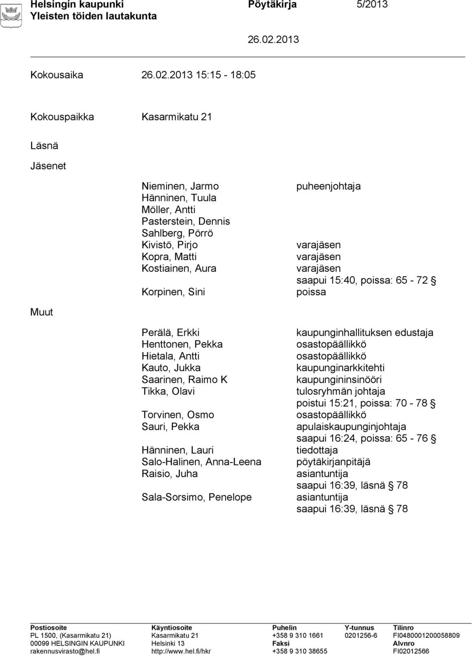 Raimo K Tikka, Olavi Torvinen, Osmo Sauri, Pekka Hänninen, Lauri Salo-Halinen, Anna-Leena Raisio, Juha Sala-Sorsimo, Penelope kaupunginhallituksen edustaja osastopäällikkö osastopäällikkö