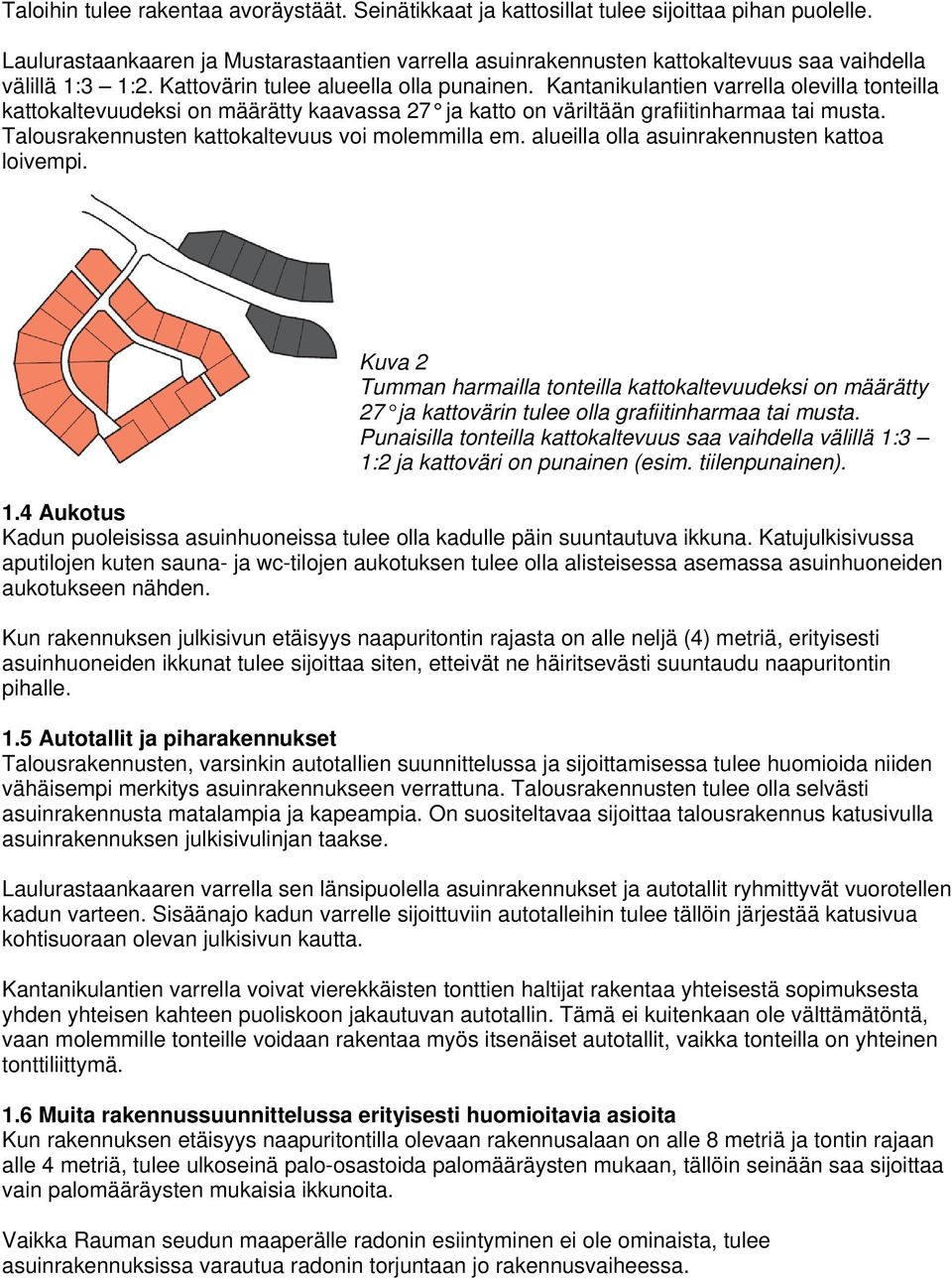 Kantanikulantien varrella olevilla tonteilla kattokaltevuudeksi on määrätty kaavassa 27 ja katto on väriltään grafiitinharmaa tai musta. Talousrakennusten kattokaltevuus voi molemmilla em.