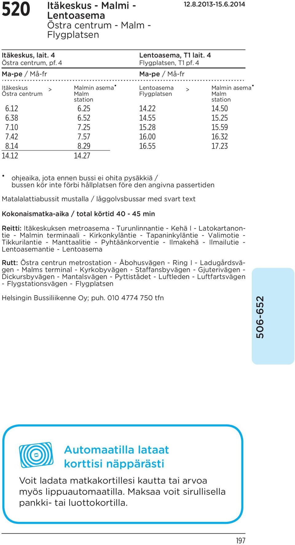 27 Malmin asema Malm station ohjeaika, jota ennen bussi ei ohita pysäkkiä / bussen kör inte förbi hållplatsen före den angivna passertiden Matalalattiabussit mustalla / låggolvsbussar med svart text