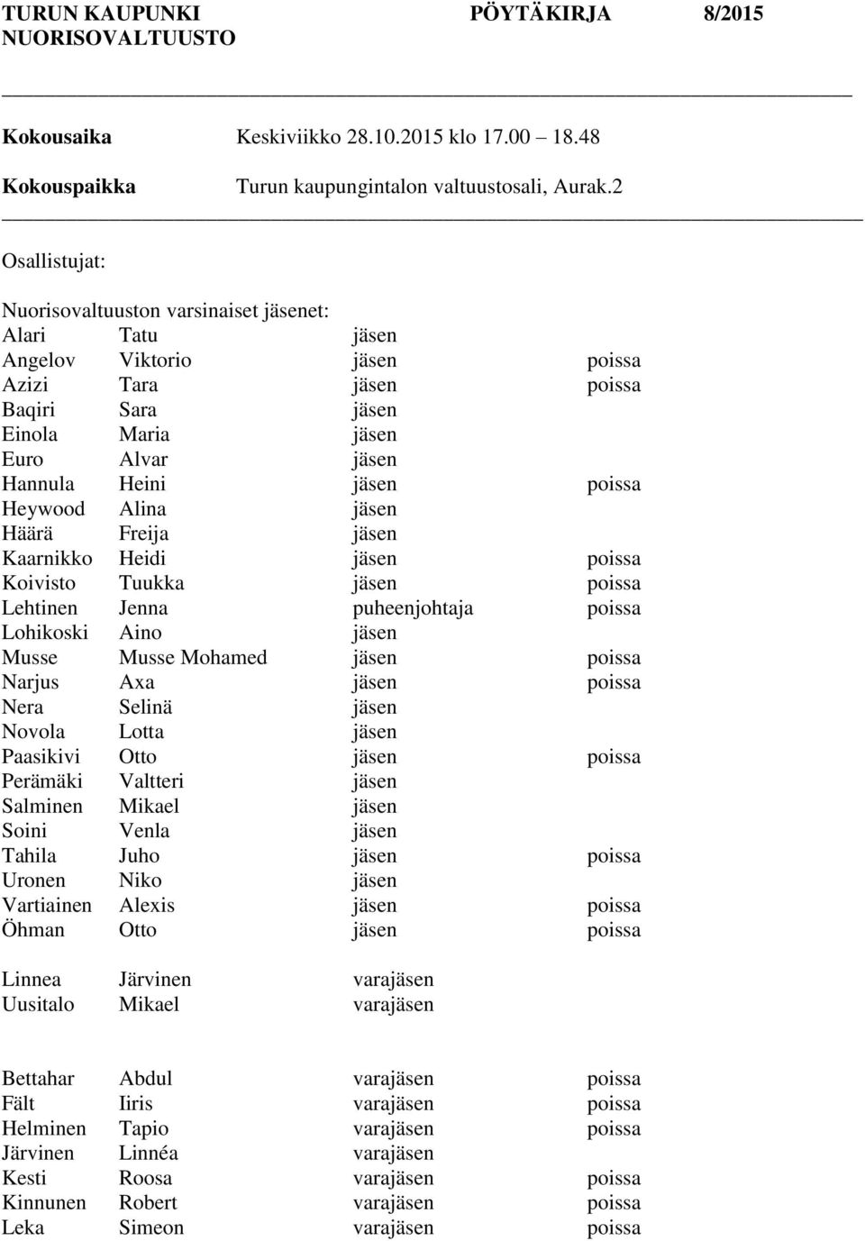 poissa Heywood Alina jäsen Häärä Freija jäsen Kaarnikko Heidi jäsen poissa Koivisto Tuukka jäsen poissa Lehtinen Jenna puheenjohtaja poissa Lohikoski Aino jäsen Musse Musse Mohamed jäsen poissa