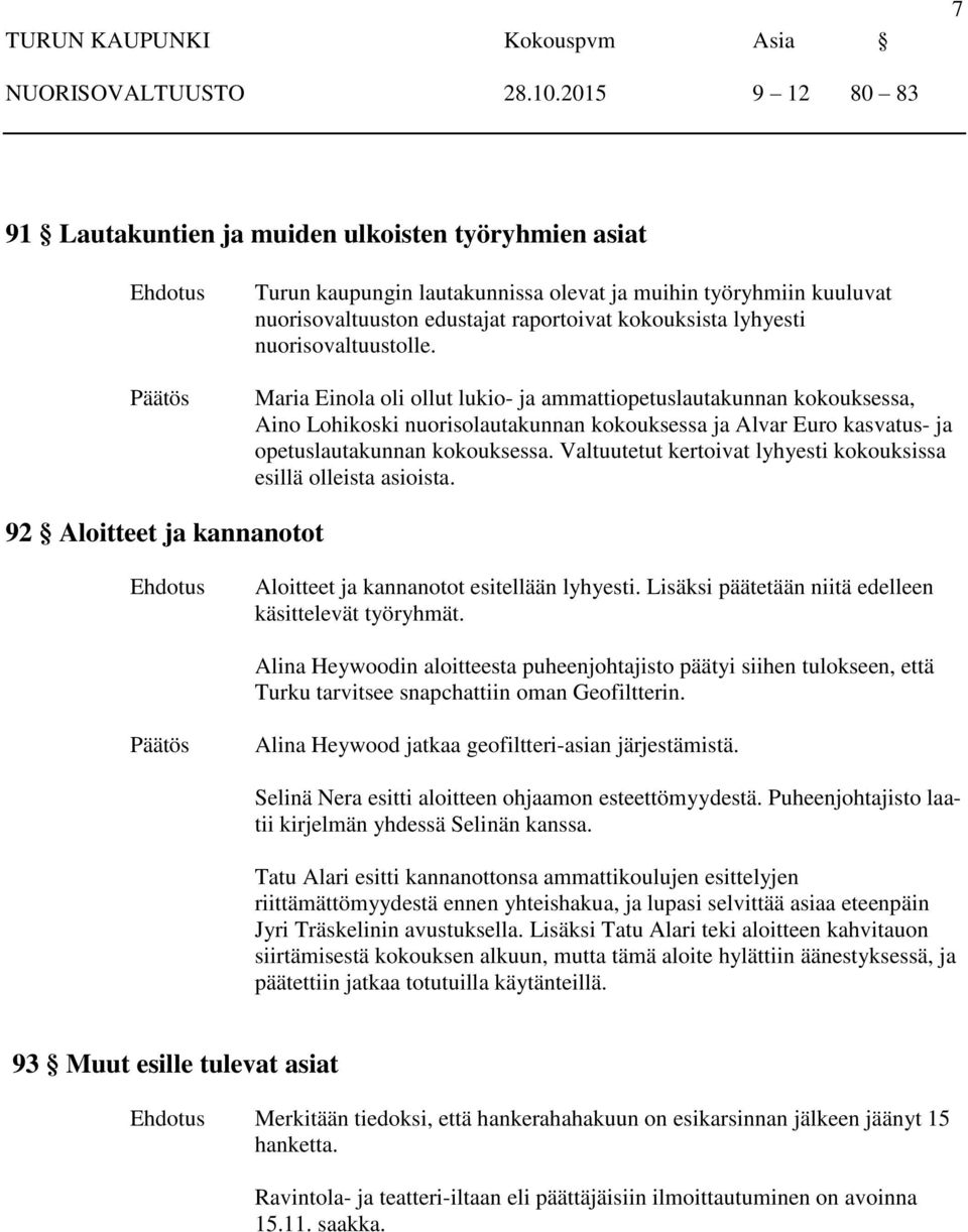 nuorisovaltuustolle. Maria Einola oli ollut lukio- ja ammattiopetuslautakunnan kokouksessa, Aino Lohikoski nuorisolautakunnan kokouksessa ja Alvar Euro kasvatus- ja opetuslautakunnan kokouksessa.