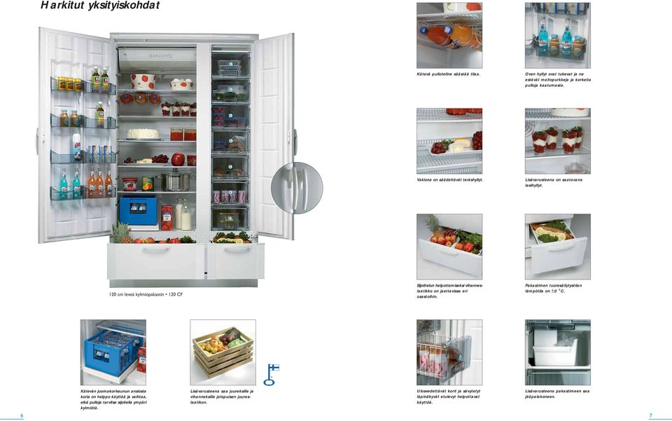 120 cm leveä kylmiöpakastin 120 CF Sijoittelun helpottamiseksi vihanneslaatikko jaettavissa eri osastoihin. Pakastimen tuoresäilytystilan lämpötila ±0 C.
