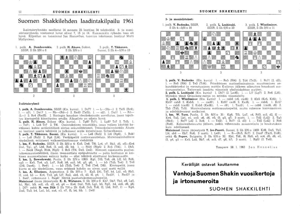 Loshinski, SSSR, S Sh 6/N:o 33 1. palk. A. Dombrovskis, SSSR S Sh 3:fN:o 6 2. palko H. Ahues, Saksa, S Sh 3'/N:o 1 3. palk.. T. Tikkanen, Suomi, S Sh 4-,SIN:oW 3 3 2 2-siirtoisryhmä 2 1. palko A.