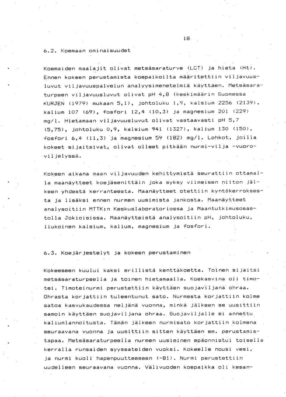 Metsäsaraturpeen viljavuusluvut olivat ph 4,8 (keskimäärin Suomessa KURJEN (1979) mukaan 5,1), johtoluku 1,9, kalsium 2256 (2139), kalium 107 (69), fosfori 12,4 (10,3) ja magnesium 201 (229) mg/l.