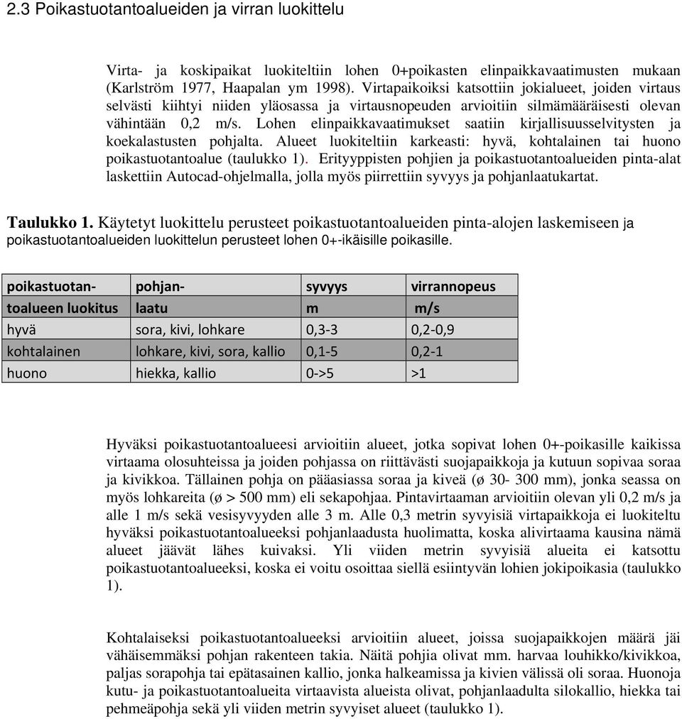Lohen elinpaikkavaatimukset saatiin kirjallisuusselvitysten ja koekalastusten pohjalta. Alueet luokiteltiin karkeasti: hyvä, kohtalainen tai huono poikastuotantoalue (taulukko 1).
