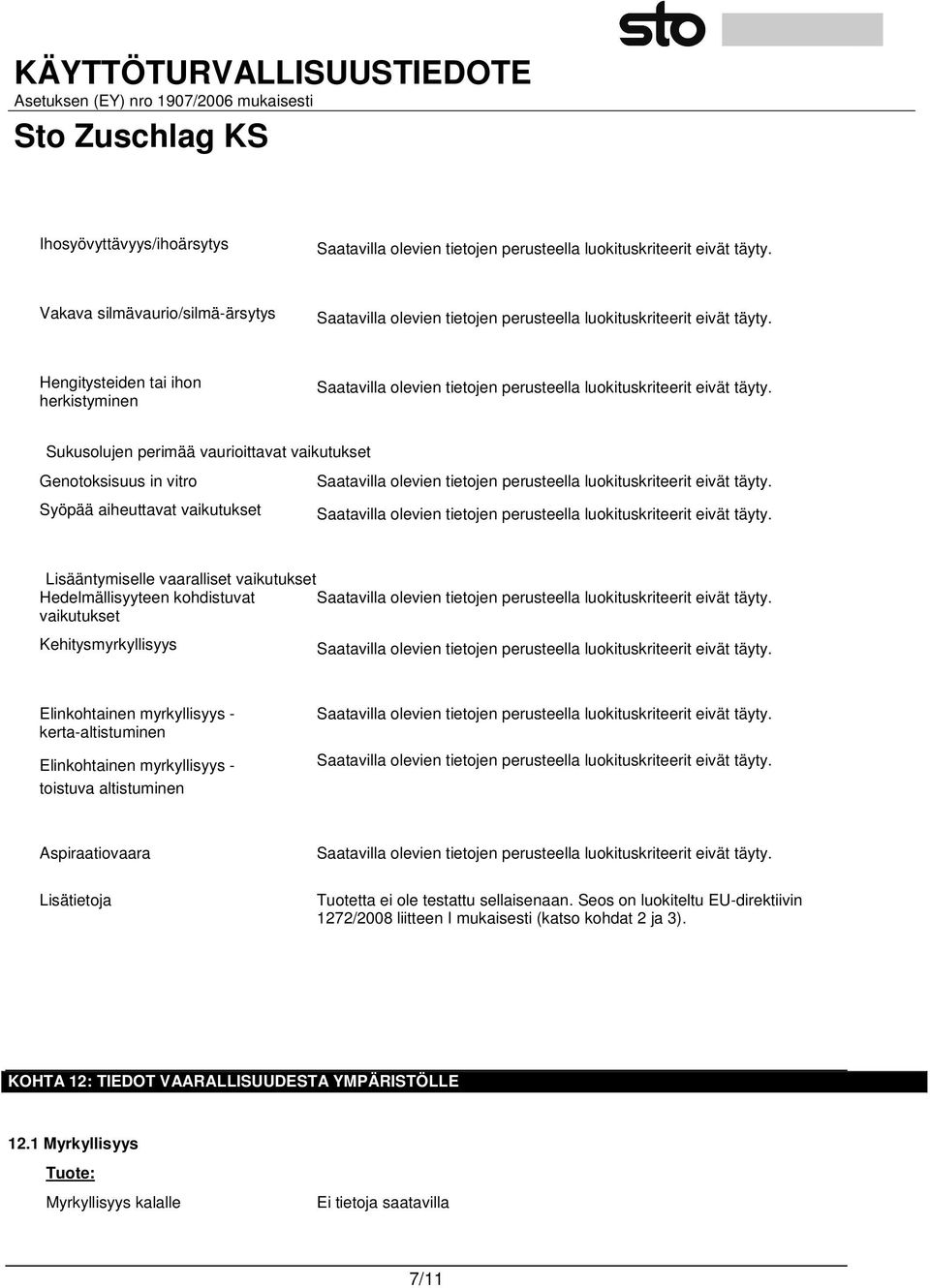 myrkyllisyys - kerta-altistuminen Elinkohtainen myrkyllisyys - toistuva altistuminen Aspiraatiovaara Lisätietoja Tuotetta ei ole testattu sellaisenaan.