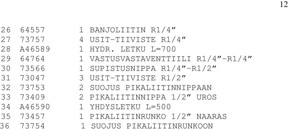 73047 3 USIT-TIIVISTE R1/2 32 73753 2 SUOJUS PIKALIITINNIPPAAN 33 73409 2 PIKALIITINNIPPA 1/2