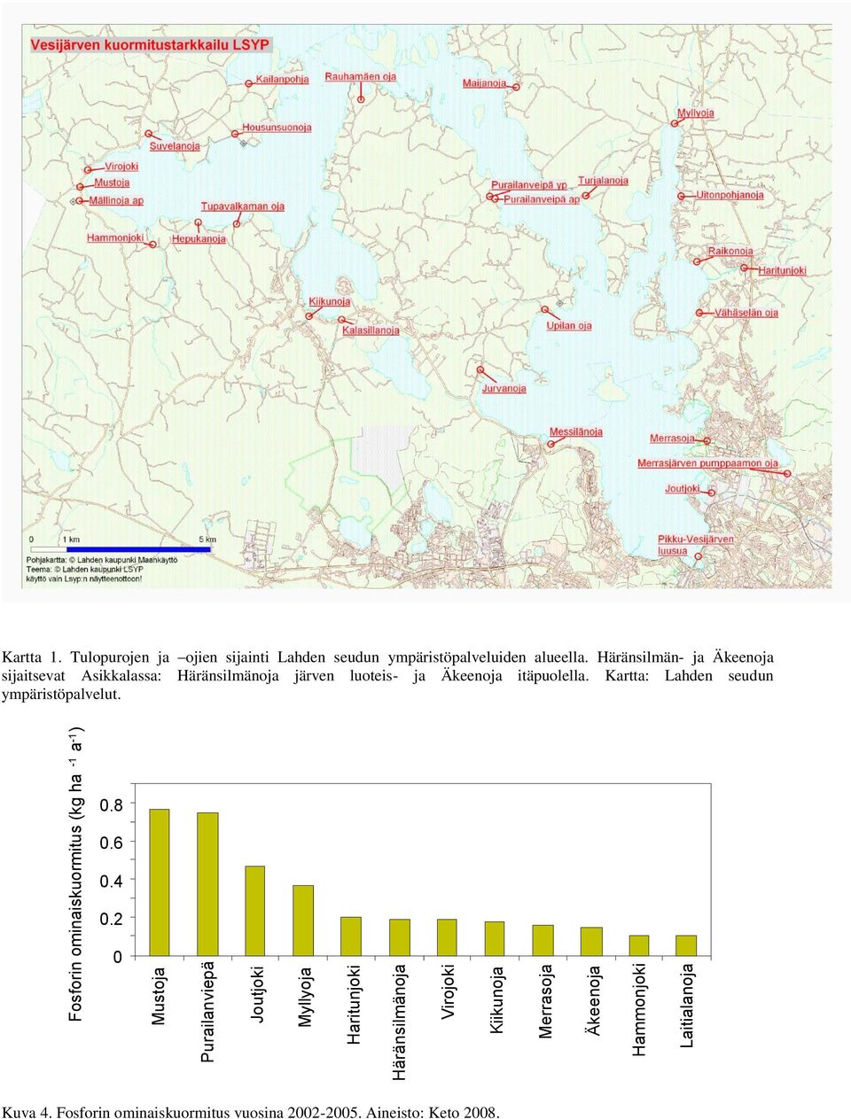 Tulopurojen ja ojien sijainti Lahden seudun ympäristöpalveluiden alueella.