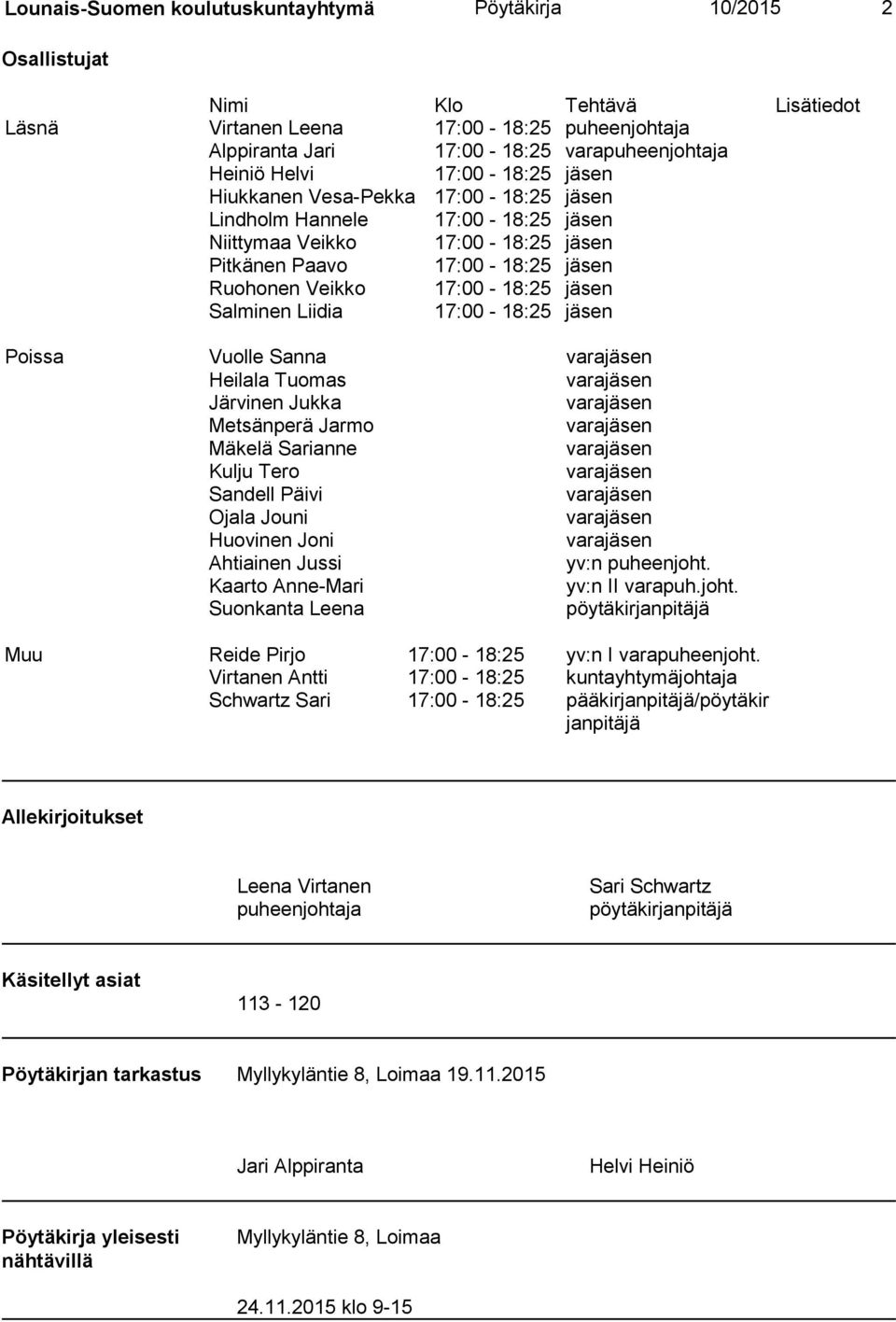 Salminen Liidia 17:00-18:25 jäsen Poissa Vuolle Sanna varajäsen Heilala Tuomas varajäsen Järvinen Jukka varajäsen Metsänperä Jarmo varajäsen Mäkelä Sarianne varajäsen Kulju Tero varajäsen Sandell