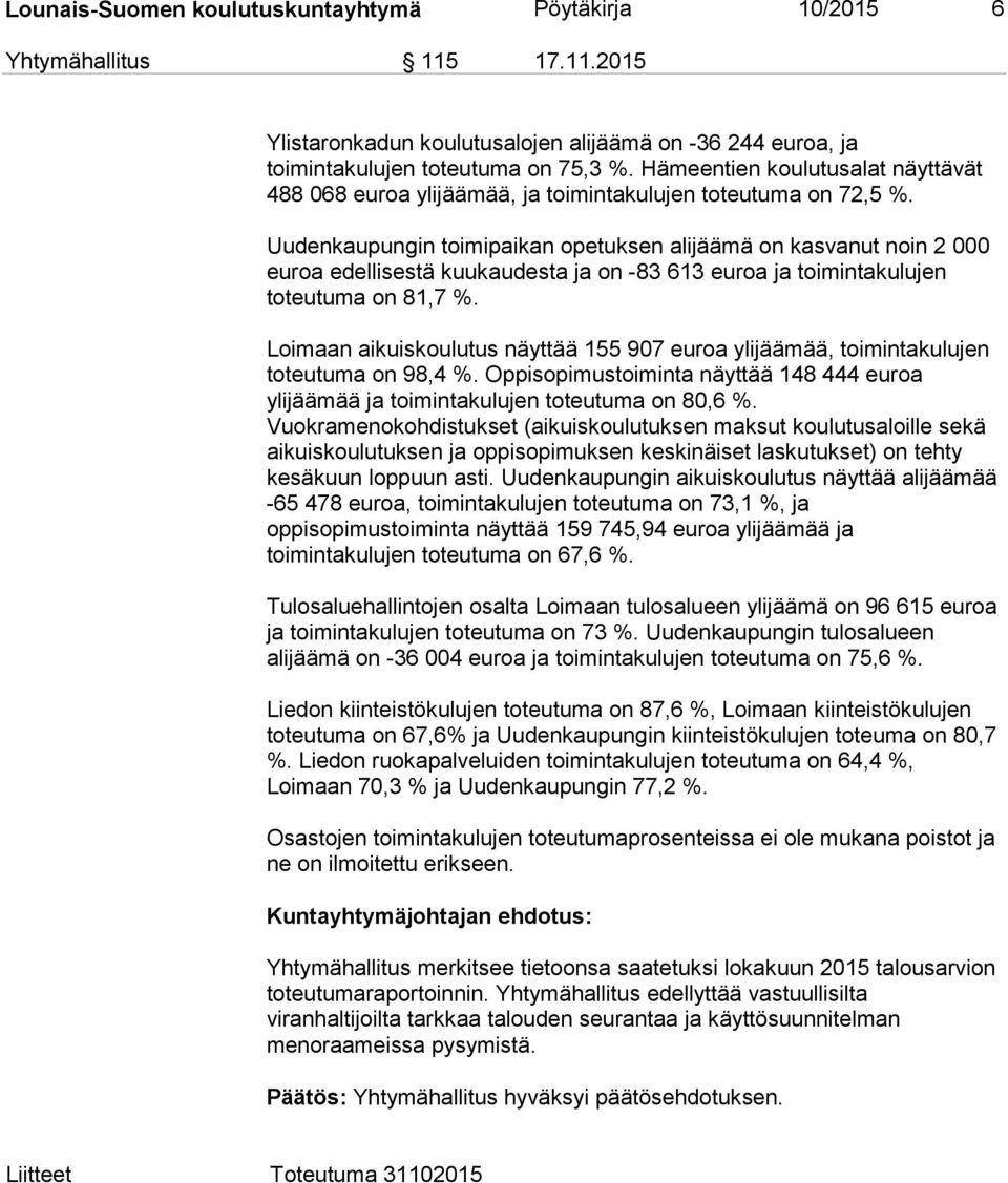 Uudenkaupungin toimipaikan opetuksen alijäämä on kasvanut noin 2 000 euroa edellisestä kuukaudesta ja on -83 613 euroa ja toimintakulujen toteutuma on 81,7 %.