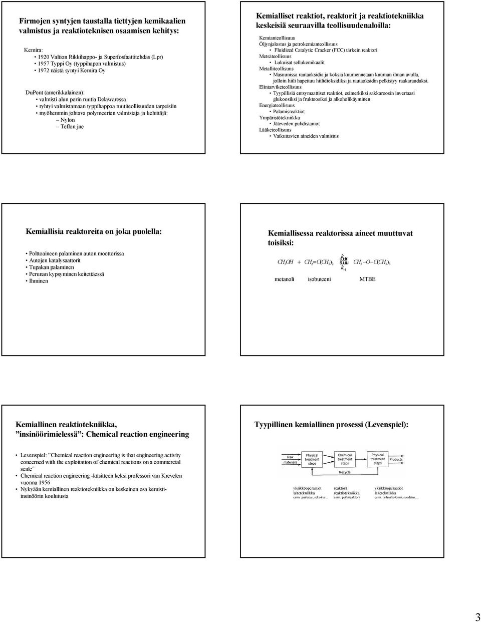kehittäjä: Nylon Teflon jne Kemialliset reaktiot, reaktorit ja reaktiotekniikka keskeisiä seuraavilla teollisuudenaloilla: Kemianteollisuus Öljynjalostus ja petrokemianteollisuus Fluidized Catalytic