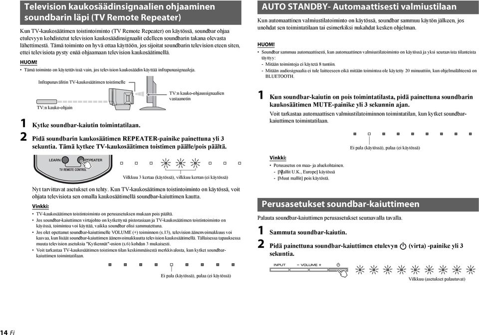 Tämä toiminto on hyvä ottaa käyttöön, jos sijoitat soundbarin television eteen siten, ettei televisiota pysty enää ohjaamaan television kaukosäätimellä.