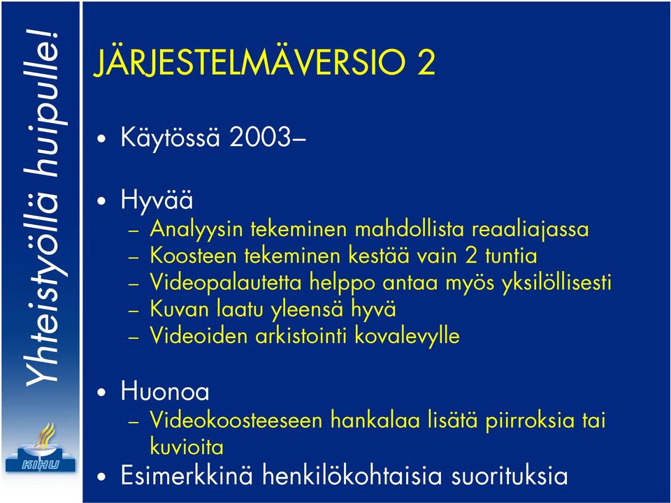 yksilöllisesti Kuvan laatu yleensä hyvä Videoiden arkistointi kovalevylle Huonoa