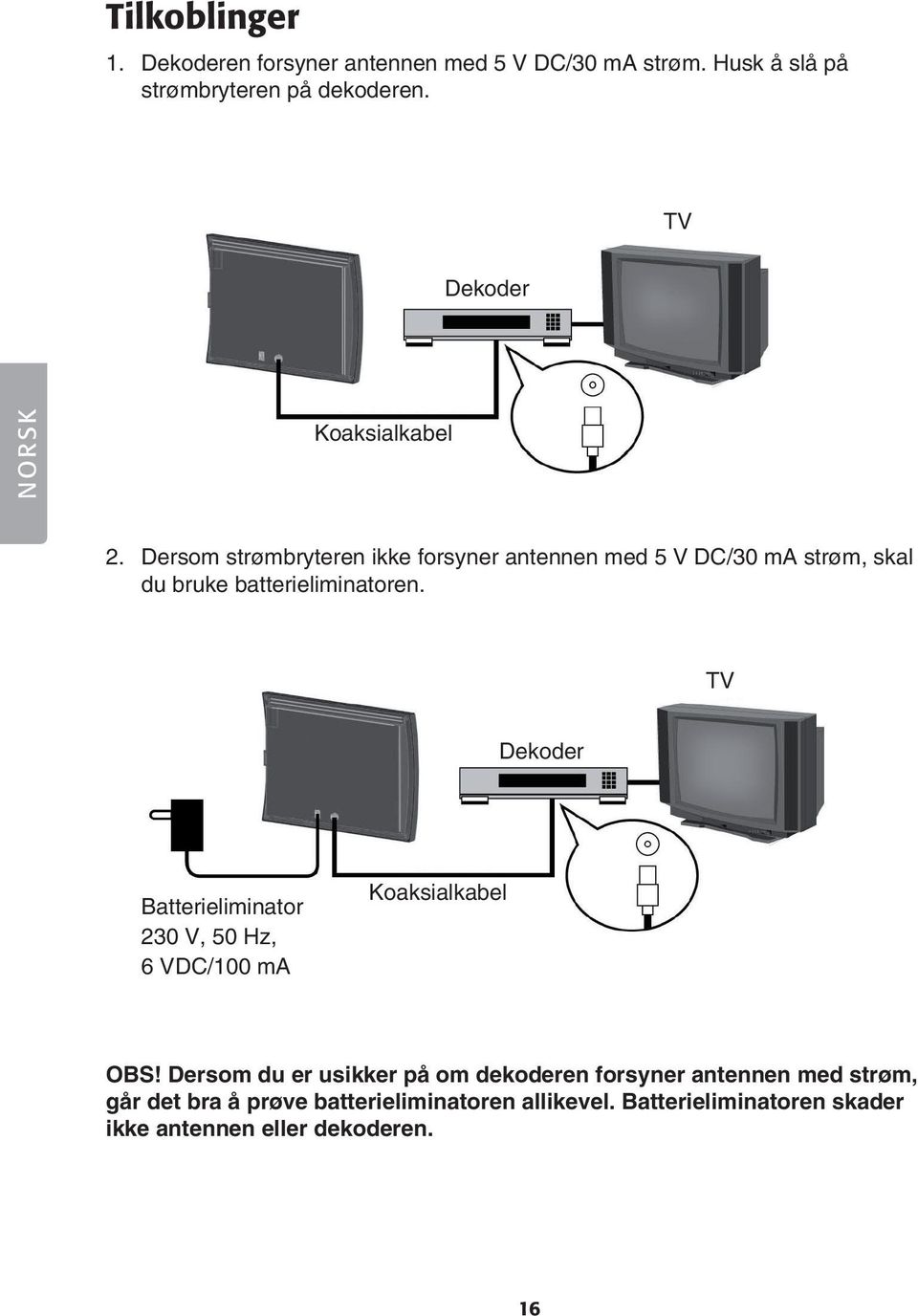 Dersom strømbryteren ikke forsyner antennen med 5 V DC/30 ma strøm, skal du bruke batterieliminatoren.
