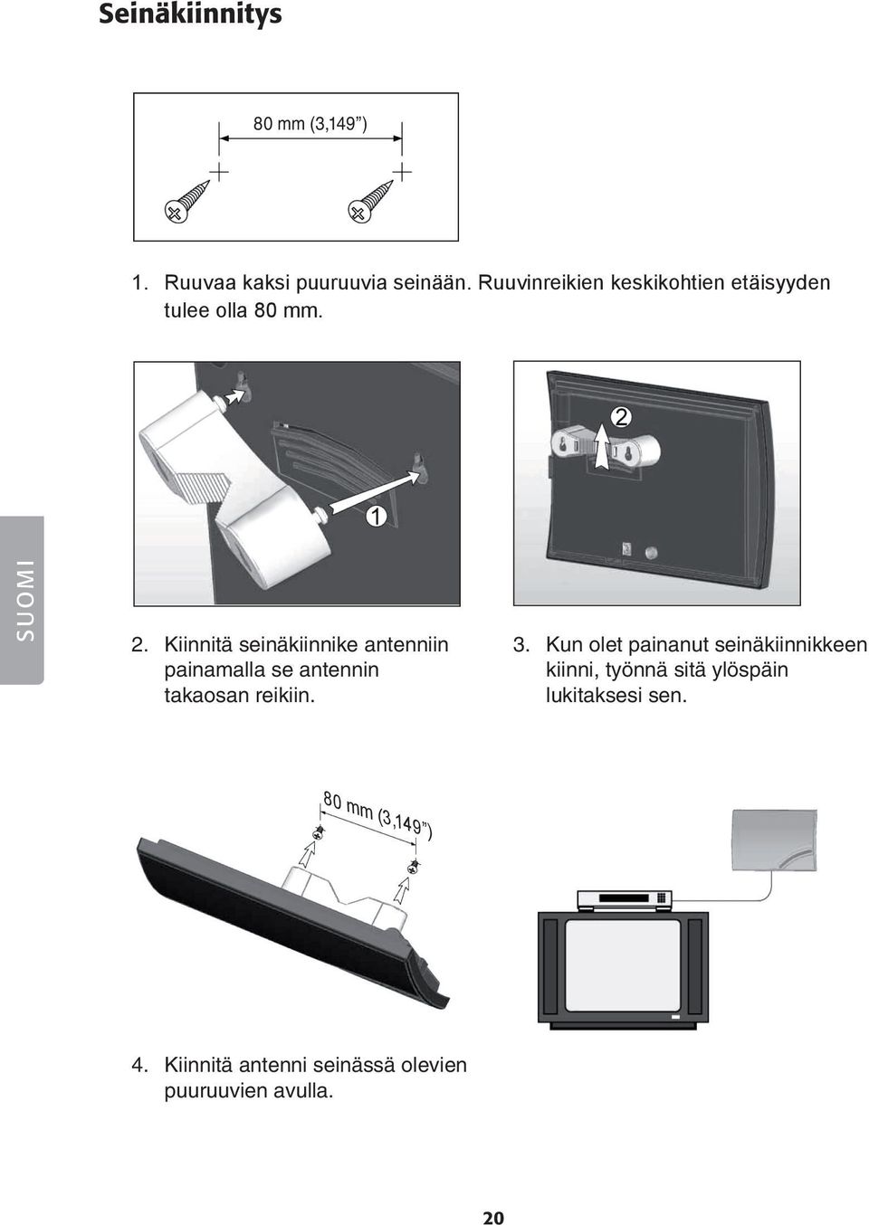 Kiinnitä seinäkiinnike antenniin painamalla se antennin takaosan reikiin. 3.