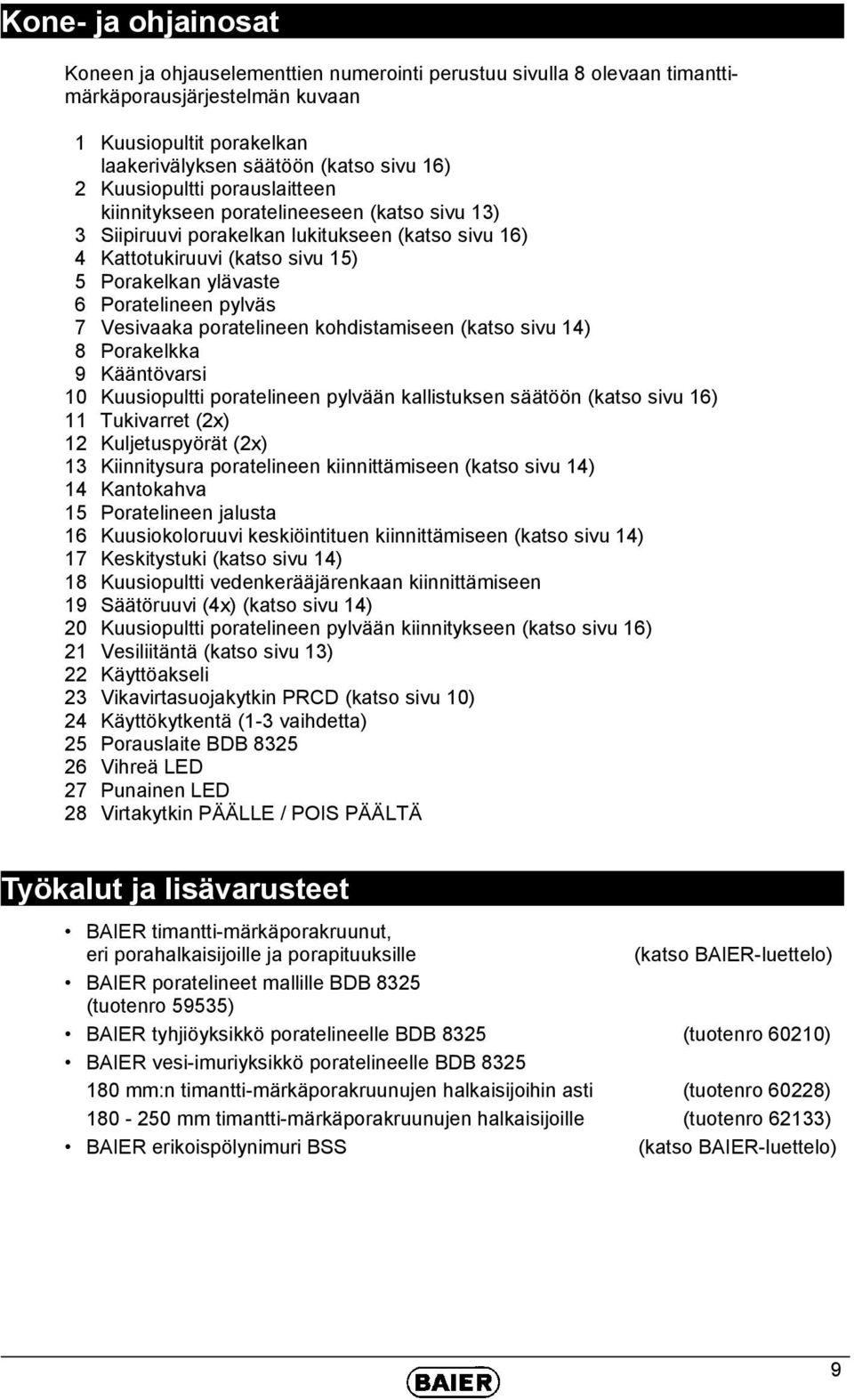 pylväs 7 Vesivaaka poratelineen kohdistamiseen (katso sivu 14) 8 Porakelkka 9 Kääntövarsi 10 Kuusiopultti poratelineen pylvään kallistuksen säätöön (katso sivu 16) 11 Tukivarret (2x) 12