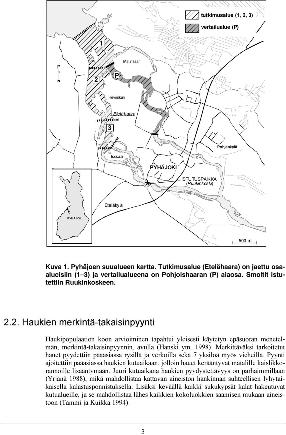 Smoltit istutettiin Ruukinkoskeen. 2.2. Haukien merkintä-takaisinpyynti Haukipopulaation koon arvioiminen tapahtui yleisesti käytetyn epäsuoran menetelmän, merkintä-takaisinpyynnin, avulla (Hanski ym.
