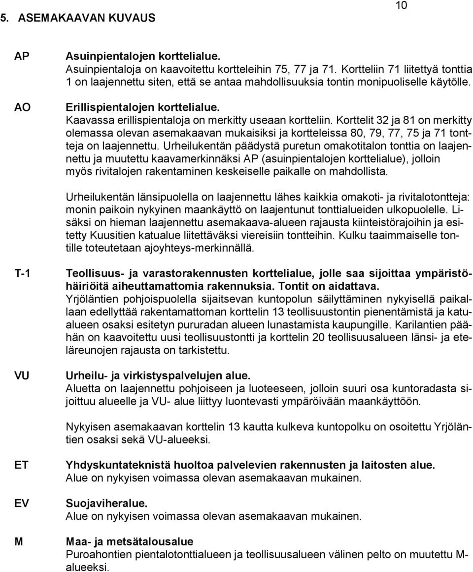 Kaavassa erillispientaloja on merkitty useaan kortteliin. Korttelit 32 ja 81 on merkitty olemassa olevan asemakaavan mukaisiksi ja kortteleissa 80, 79, 77, 75 ja 71 tontteja on laajennettu.