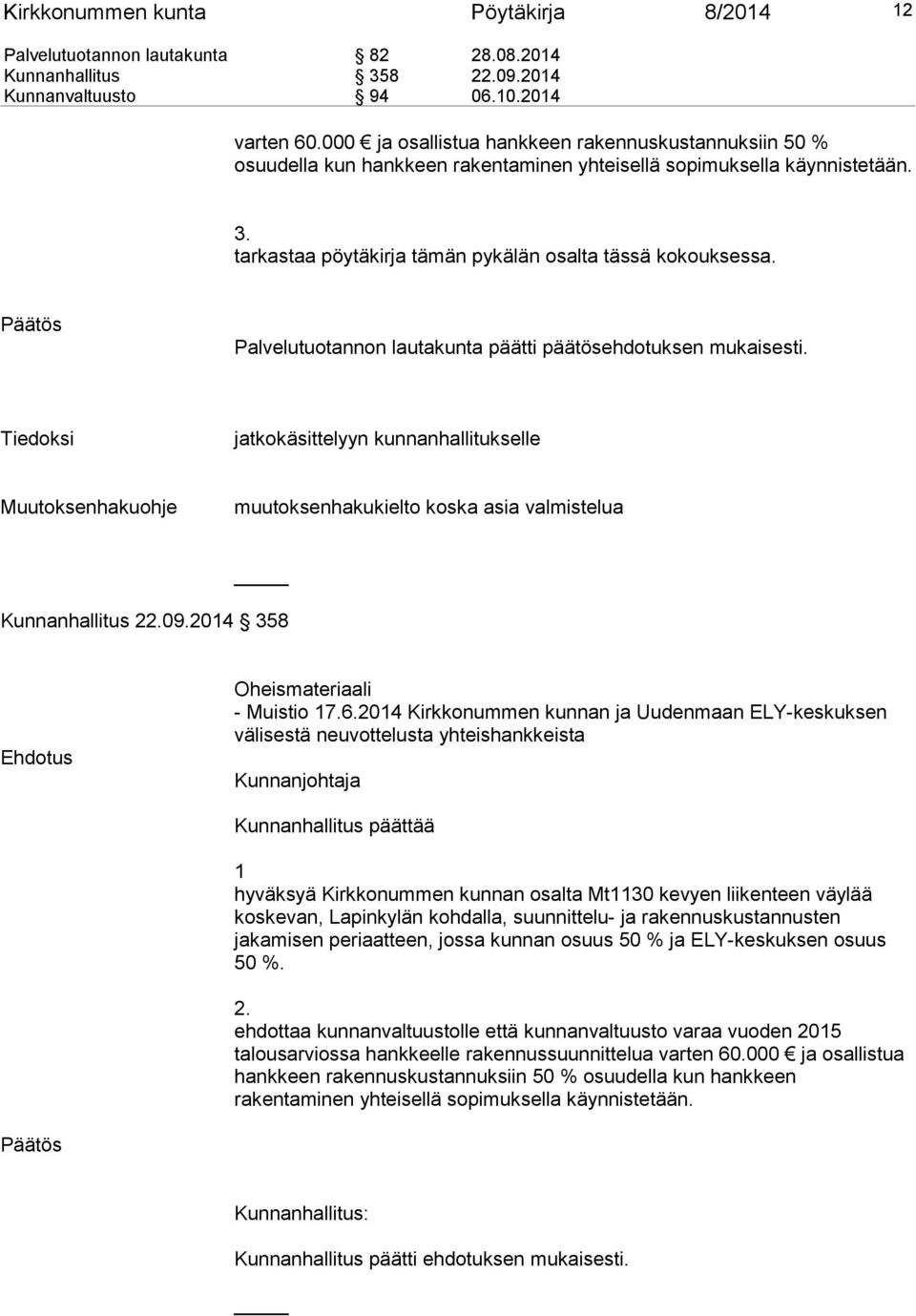 Palvelutuotannon lautakunta päätti päätösehdotuksen mukaisesti. Tiedoksi jatkokäsittelyyn kunnanhallitukselle Muutoksenhakuohje muutoksenhakukielto koska asia valmistelua Kunnanhallitus.09.