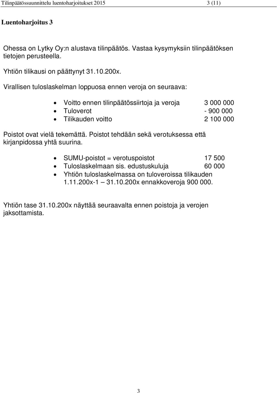 Virallisen tuloslaskelman loppuosa ennen veroja on seuraava: Voitto ennen tilinpäätössiirtoja ja veroja 3 000 000 Tuloverot - 900 000 Tilikauden voitto 2 100 000 Poistot ovat vielä