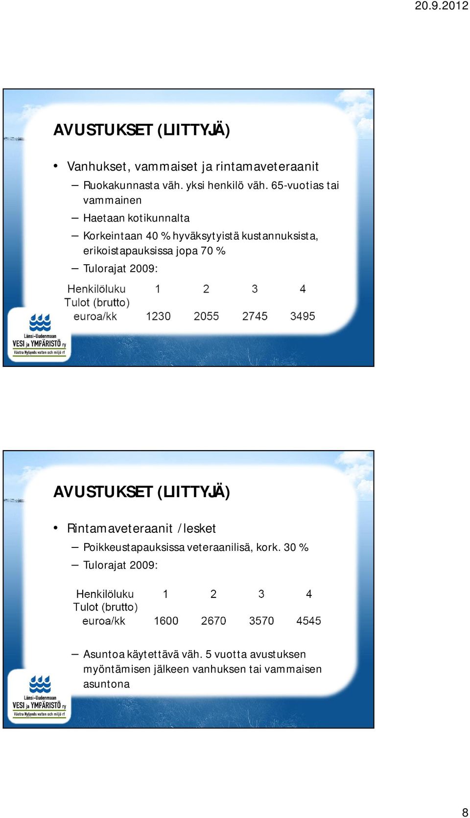 jopa 70 % Tulorajat 2009: 15 AVUSTUKSET (LIITTYJÄ) Rintamaveteraanit /lesket Poikkeustapauksissa veteraanilisä,