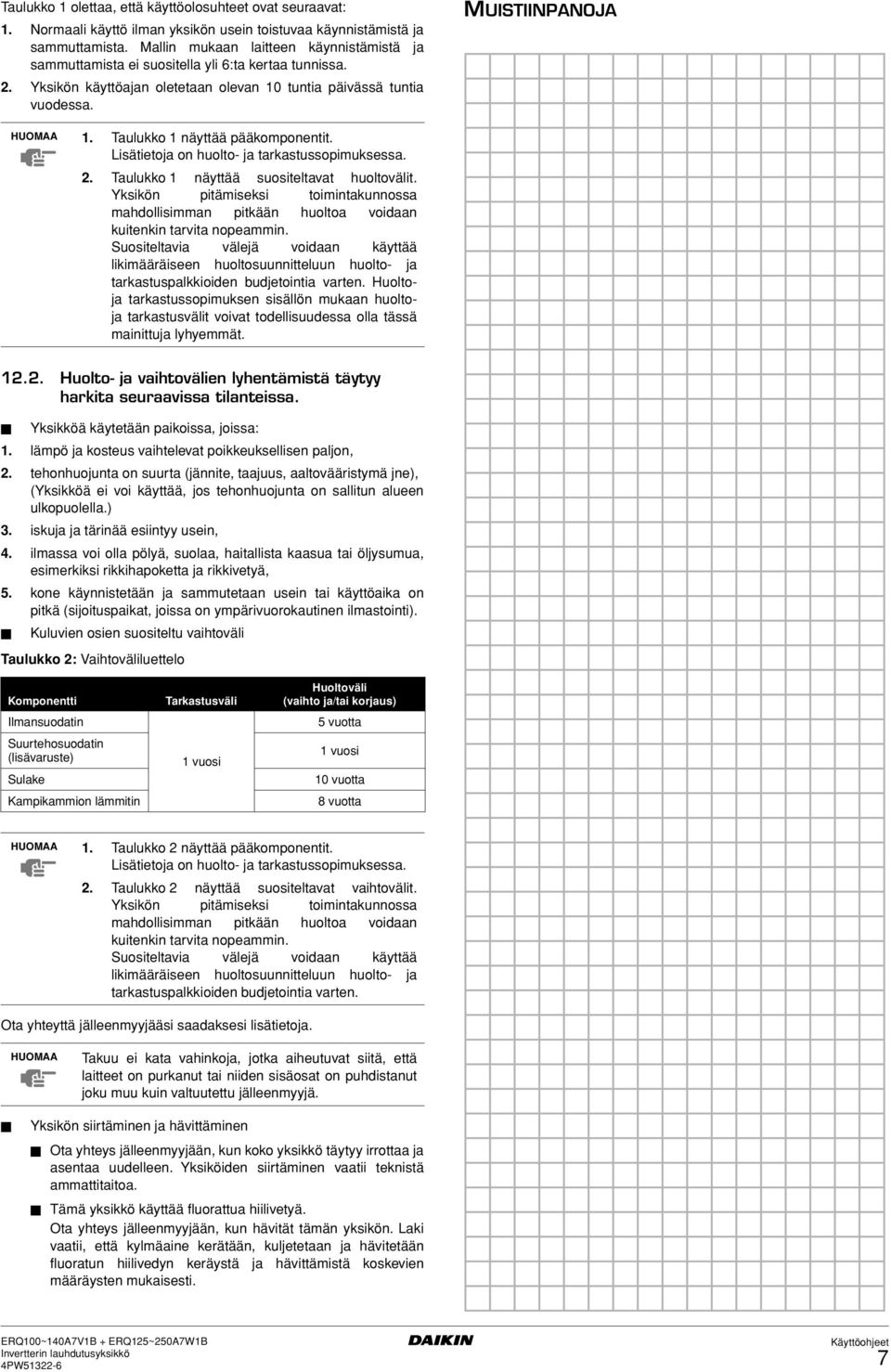 Taulukko näyttää pääkomponentit. Lisätietoja on huolto- ja tarkastussopimuksessa. 2. Taulukko näyttää suositeltavat huoltovälit.