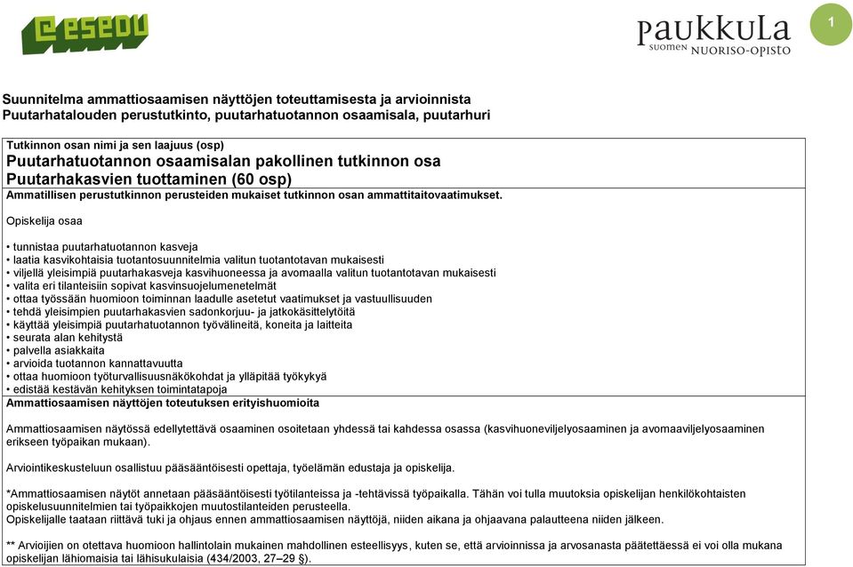 Opiskelija osaa tunnistaa puutarhatuotannon kasveja laatia kasvikohtaisia tuotantosuunnitelmia valitun tuotantotavan mukaisesti viljellä yleisimpiä puutarhakasveja kasvihuoneessa ja avomaalla valitun