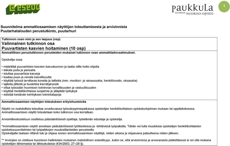 Opiskelija osaa määrittää puuvartisten kasvien kasvukunnon ja laatia niille hoito-ohjeita leikata puita ja pensaita istuttaa puuvartisia kasveja kaataa puun ja raivata kasvillisuutta käyttää työssä