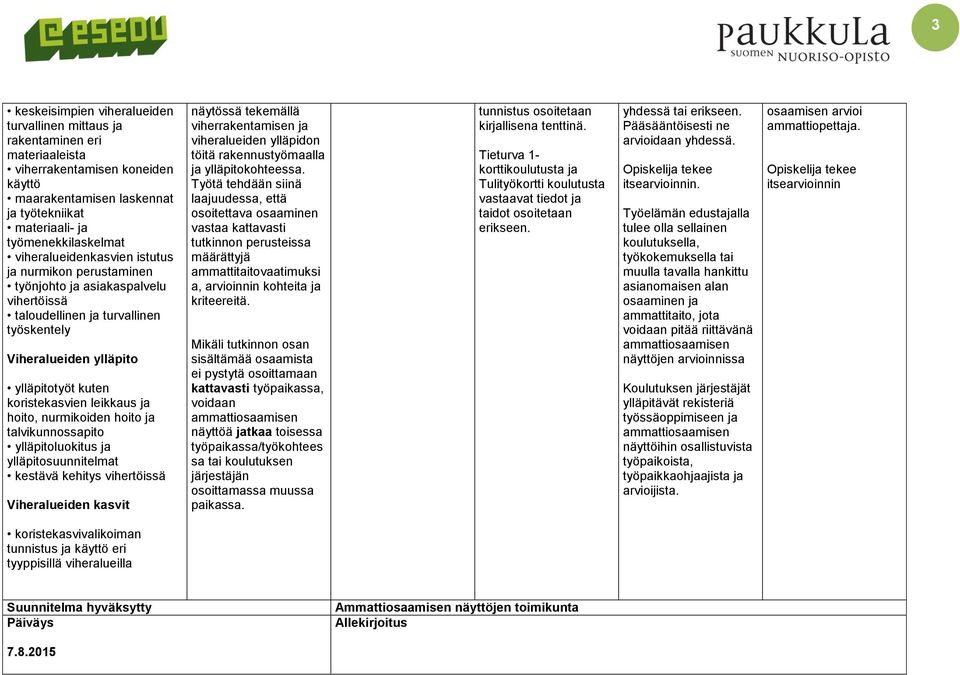 leikkaus ja hoito, nurmikoiden hoito ja talvikunnossapito ylläpitoluokitus ja ylläpitosuunnitelmat kestävä kehitys vihertöissä Viheralueiden kasvit näytössä tekemällä viherrakentamisen ja