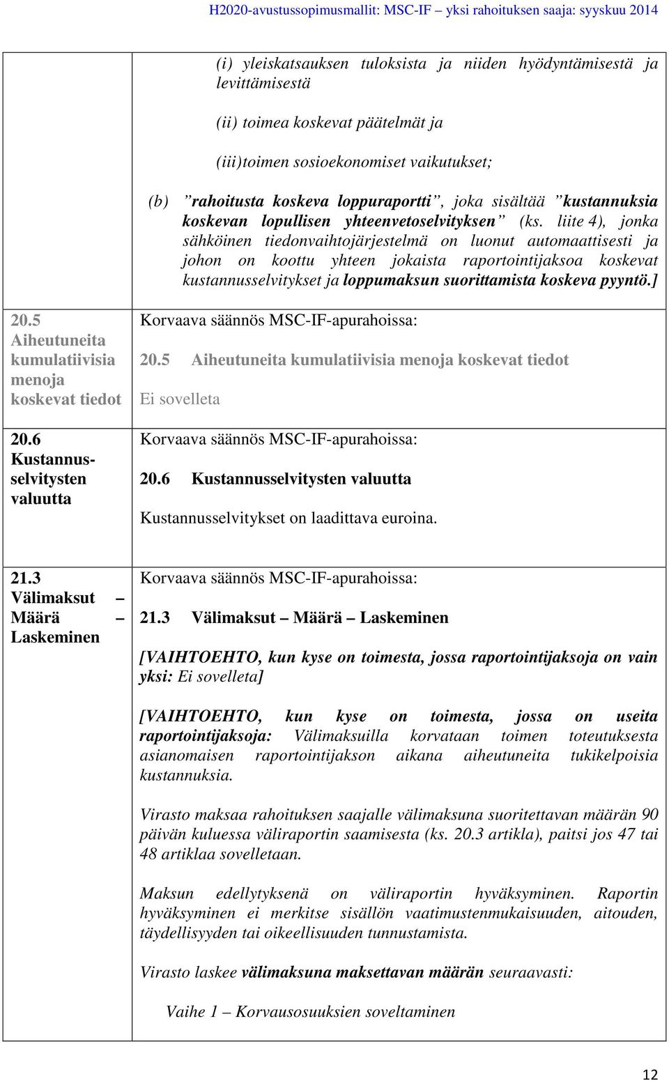 liite 4), jonka sähköinen tiedonvaihtojärjestelmä on luonut automaattisesti ja johon on koottu yhteen jokaista raportointijaksoa koskevat kustannusselvitykset ja loppumaksun suorittamista koskeva