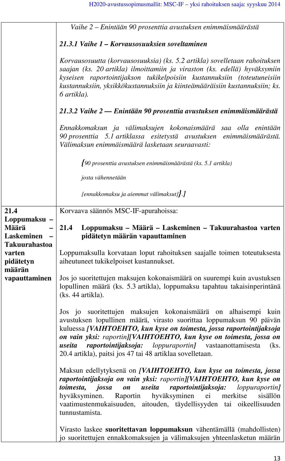 edellä) hyväksymiin kyseisen raportointijakson tukikelpoisiin kustannuksiin (toteutuneisiin kustannuksiin, yksikkökustannuksiin ja kiinteämääräisiin kustannuksiin; ks. 6 artikla). 21.3.