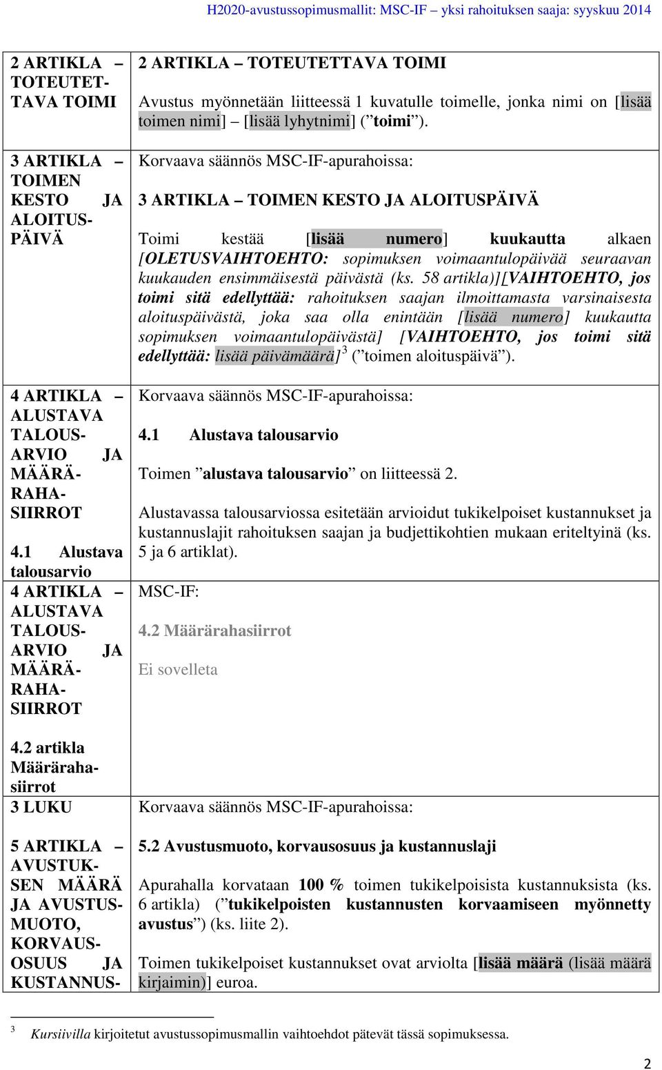 2 artikla Määrärahasiirrot 3 LUKU 5 ARTIKLA AVUSTUK- SEN MÄÄRÄ JA AVUSTUS- MUOTO, KORVAUS- OSUUS JA KUSTANNUS- 2 ARTIKLA TOTEUTETTAVA TOIMI Avustus myönnetään liitteessä 1 kuvatulle toimelle, jonka