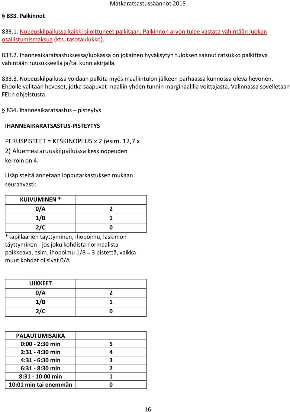 .3. Nopeuskilpailussa voidaan palkita myös maaliintulon jälkeen parhaassa kunnossa oleva hevonen. Ehdolle valitaan hevoset, jotka saapuvat maaliin yhden tunnin marginaalilla voittajasta.