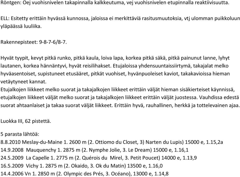 Hyvät tyypit, kevyt pitkä runko, pitkä kaula, loiva lapa, korkea pitkä säkä, pitkä painunut lanne, lyhyt lautanen, korkea hännäntyvi, hyvät reisilihakset.