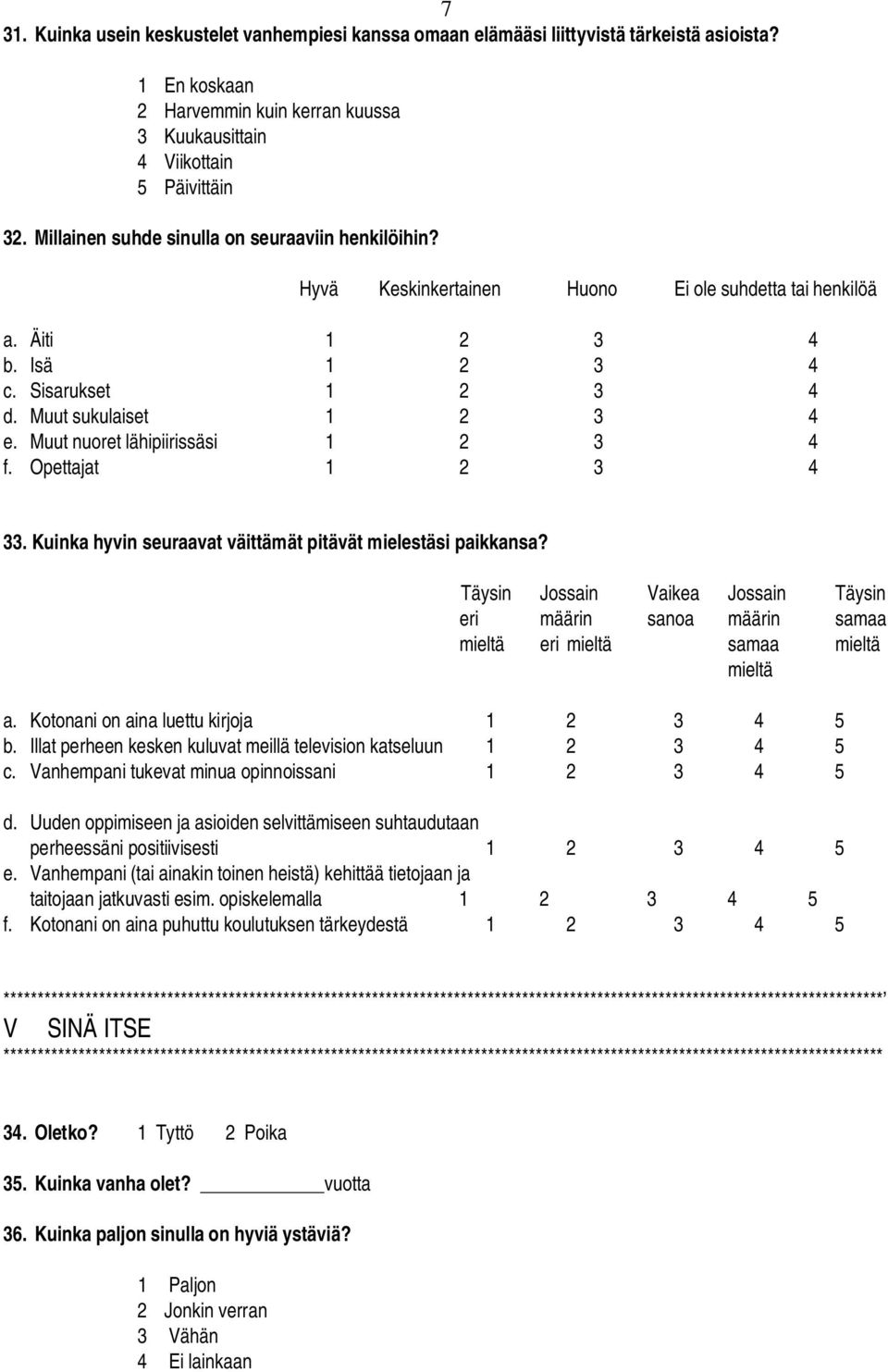 Muut nuoret lähipiirissäsi 1 2 3 4 f. Opettajat 1 2 3 4 33. Kuinka hyvin seuraavat väittämät pitävät mielestäsi paikkansa?