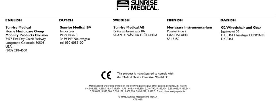 Hasselager DENMARK DK 8361 This product is manufactured to comply with the Medical Device Directive 93/42/EEC. Manufactured under one or more of the following patents plus other patents pending:u.s.