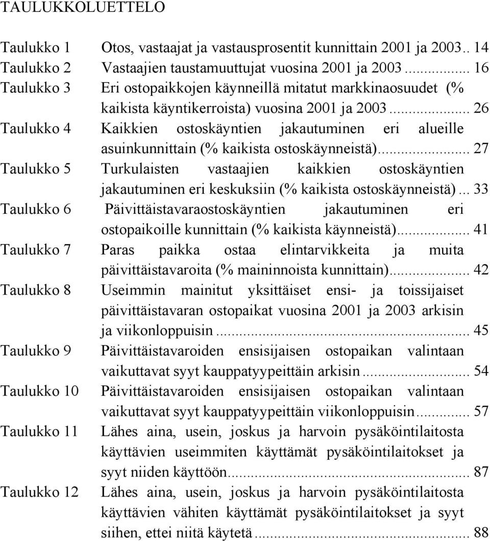 .. 26 Taulukko 4 Kaikkien ostoskäyntien jakautuminen eri alueille asuinkunnittain (% kaikista ostoskäynneistä).